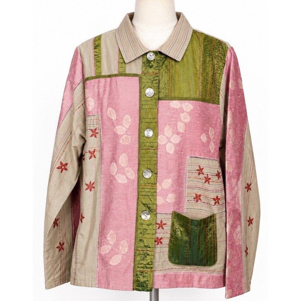 Parsley & Sage Patchwork Jacket Large Pink Green Silk Blend Boho Art to Wear